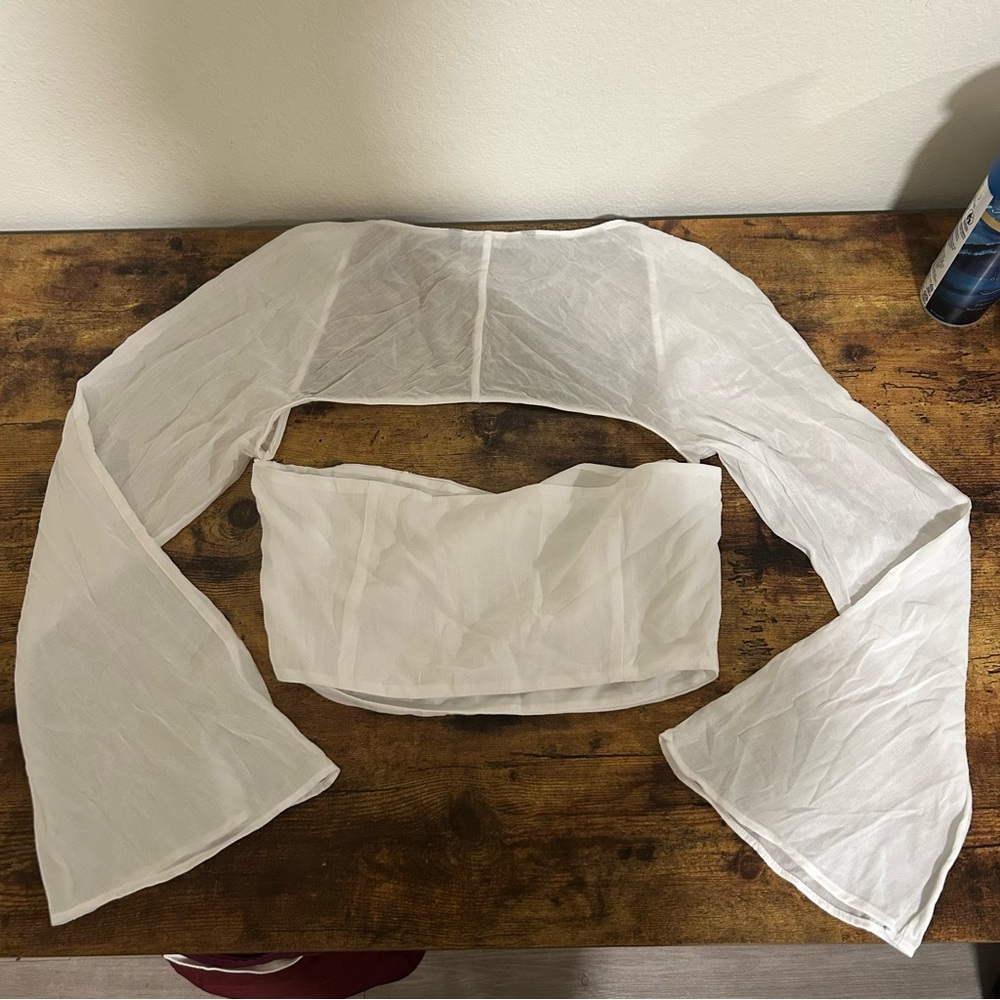 Zara White Sheer Blouse Crop top flared wrist